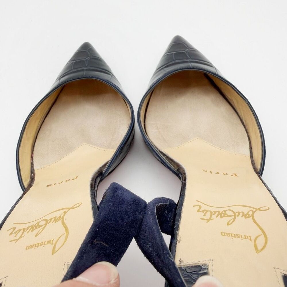 CHRISTIAN LOUBOUTIN Choc Lock Navy Blue Slide Size 37.5 US 7 Leather Heel Mule - Picture 10 of 13